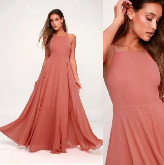 EUC Lulu's Mythical Kind of‎ Love Rusty Rose Chiffon Maxi Dress Gown (S) #0559 - Picture 2 of 11